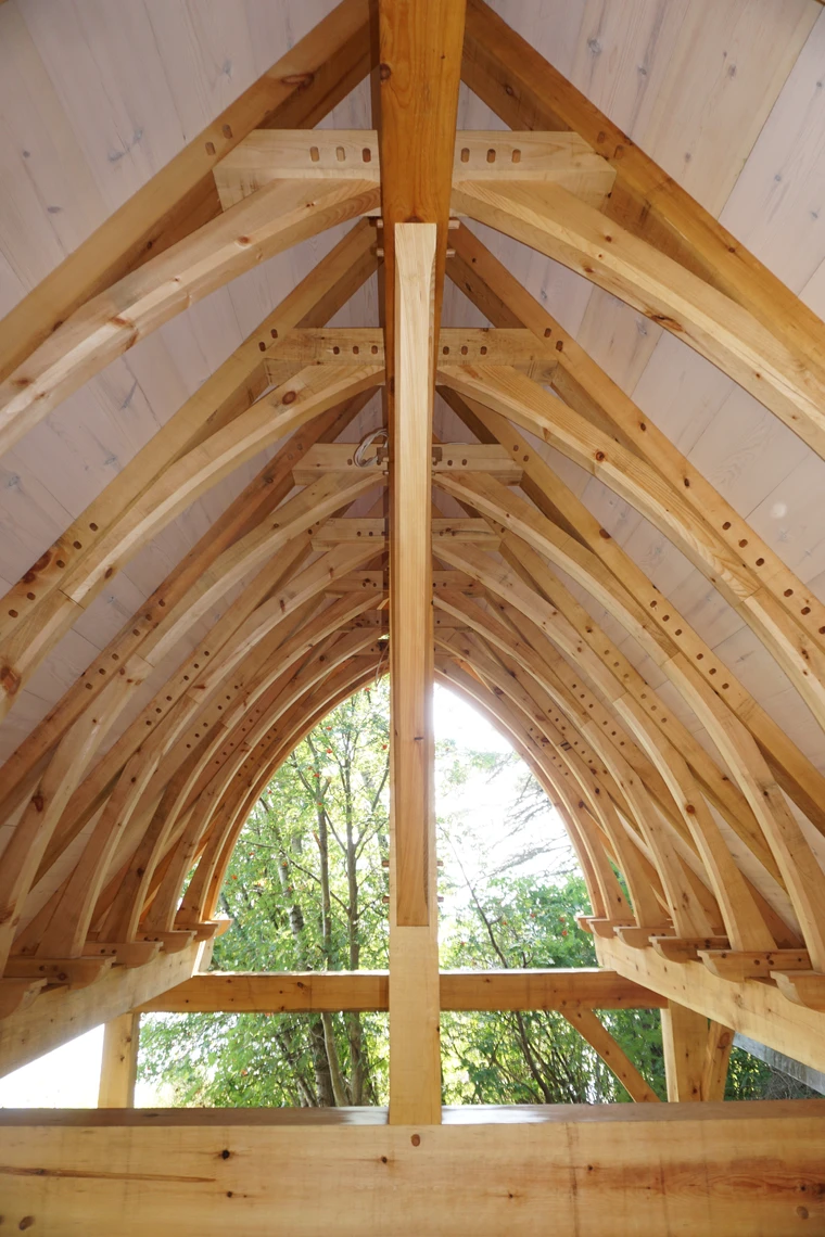 A series of eight arched golden-colored timbers form the structure for the high-pitched roof of a timber frame building.